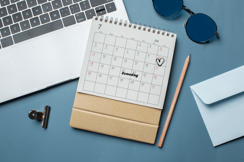 Calendar hinting at hidden fear behind exciting marriage ideas that keeps a couple from booking time away.