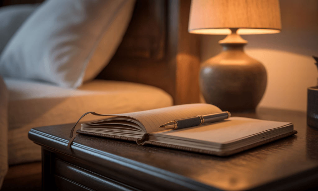 Journal and pen on a bedside table, inviting a nightly reflection on small marriage choices with massive impact