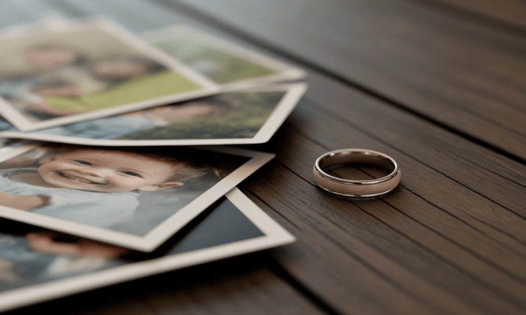 Childhood photos with a wedding ring beside them, showing how family background influences boundaries in marriage