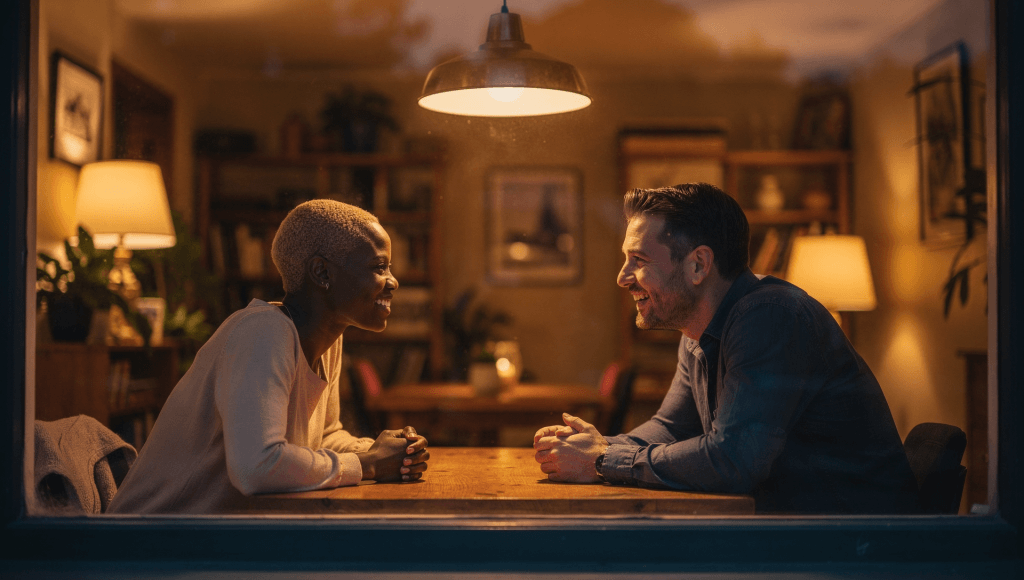 Home glowing with peace as a couple lives 100% In, showing how full commitment can gently change the atmosphere at home over time.