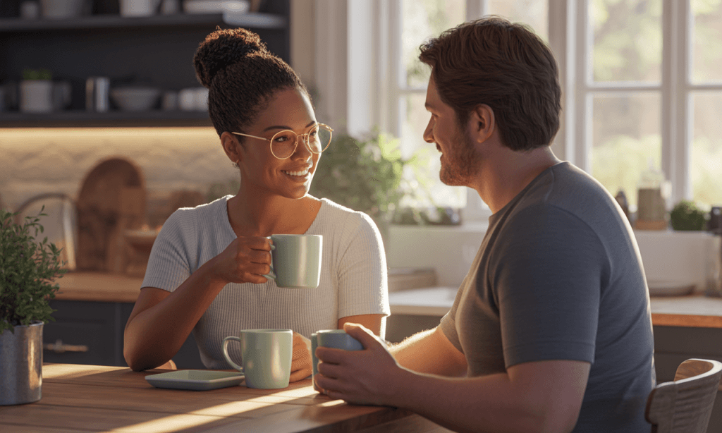 Married couple sharing a slow morning conversation at the kitchen table, symbolizing moving from busy to present and quitting the rush