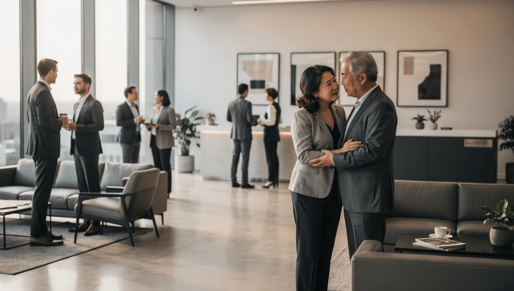 People talking in a busy foyer, with one pair in closer conversation, illustrating public spaces where compliments get complicated