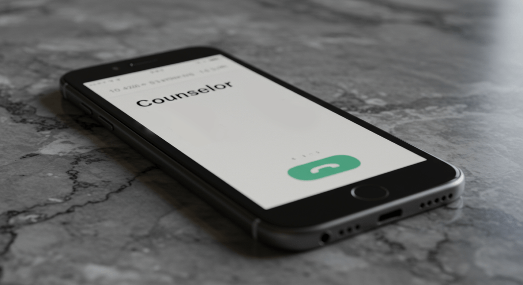 Phone screen with a counselor contact ready to call, showing a present-tense step toward help in a struggling marriage
