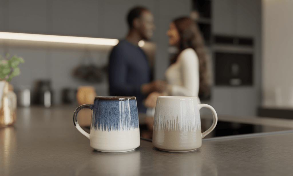 Two coffee mugs on a counter with a couple talking behind them, symbolizing how micro-choices in daily life have a massive impact on marriage