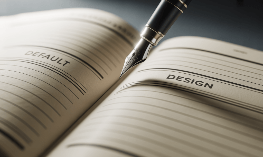 Hand holding a pen over a journal with columns labeled Default and Design, representing the process of moving from default to design in marriage