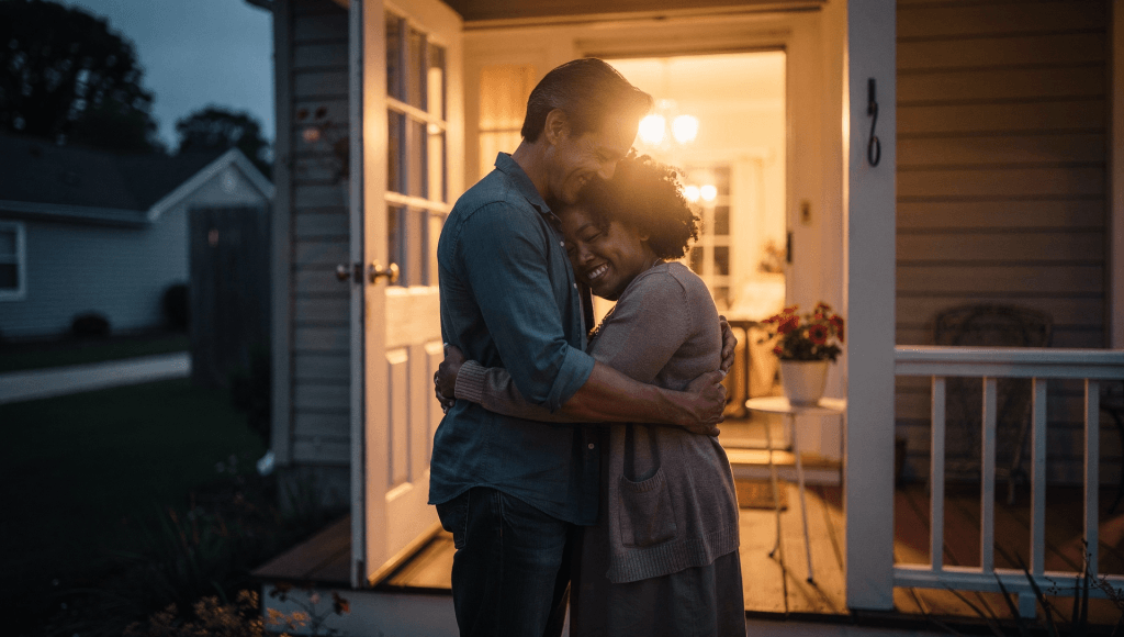 Married couple embracing on their front porch at dusk, grateful they protected their relationship from a close call