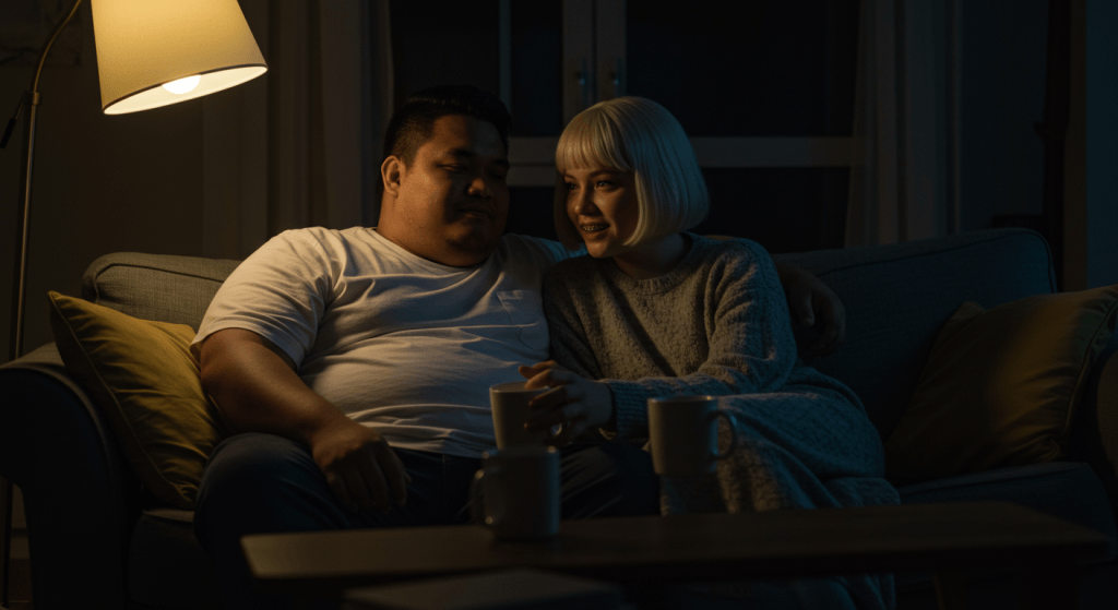 Couple sharing a simple evening ritual with warm drinks, illustrating how Pre-Deciding Your Evenings can trigger closeness on busy days.