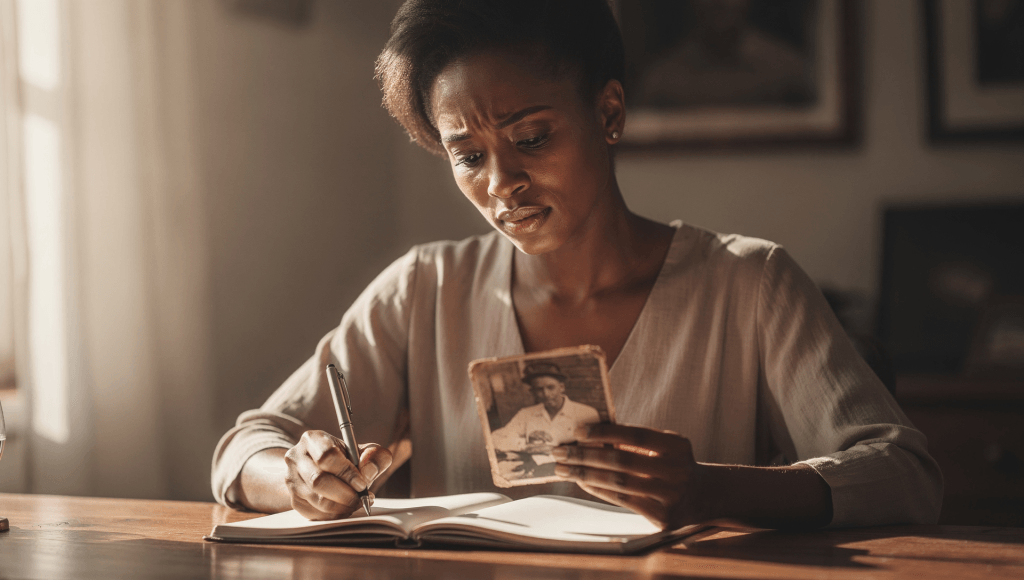 Person holding a childhood photo and a pen, realizing their memory is a story they can retell with new meaning