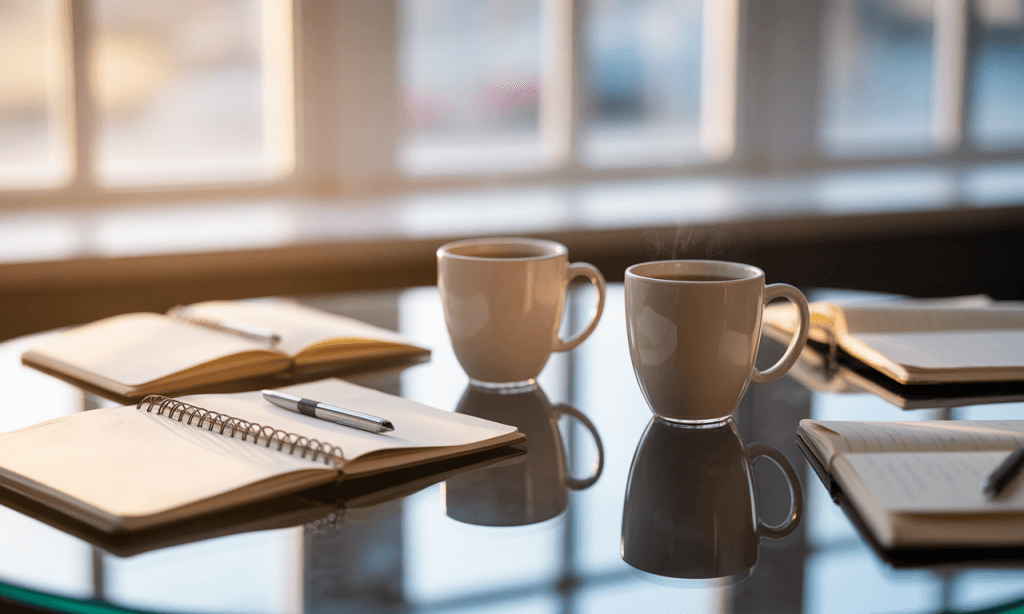 Two coffee mugs and notebooks on a table ready for a slow, respectful conversation where both voices matter