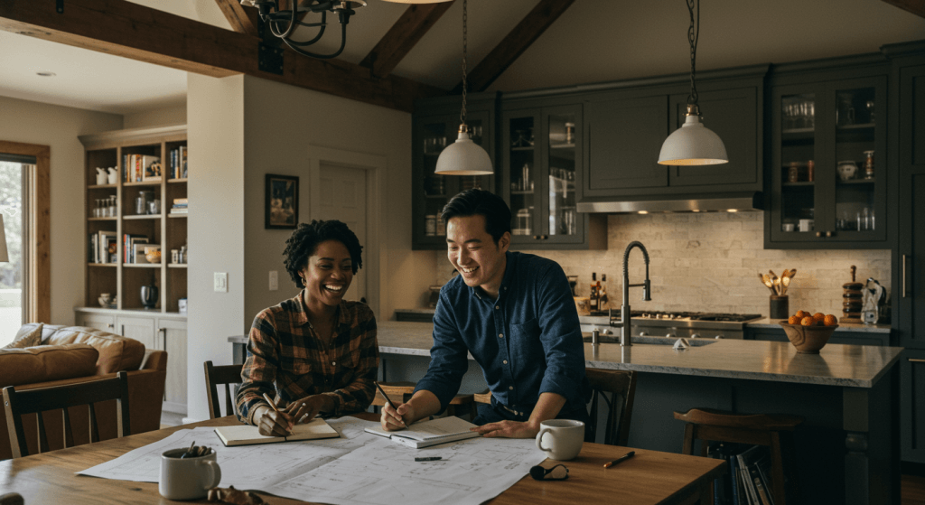 Husband and wife sitting at a kitchen table with notebooks and coffee, designing new marriage rhythms together