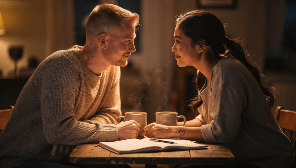 Husband and wife talking honestly about the Silent Sermons in their marriage and how to better show 100% commitment through daily actions.