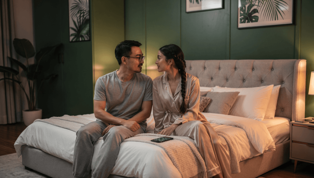 Married couple creating a connected bedtime environment by putting phones away and talking together.