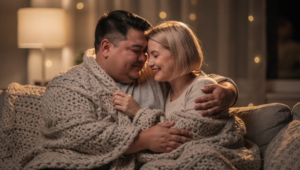 Spouses holding each other wrapped in a blanket, symbolizing emotional safety and warmth in marriage