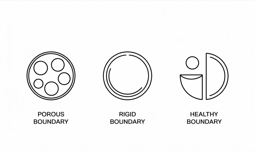 Three simple diagrams of porous, rigid, and healthy boundaries, illustrating the journey from broken to better boundaries