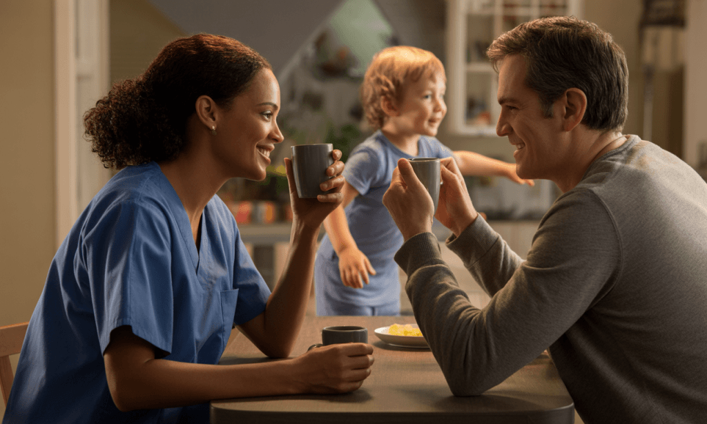 Busy couple with children sharing a brief, intentional evening moment, showing how Pre-Deciding Your Evenings works even in chaotic seasons.