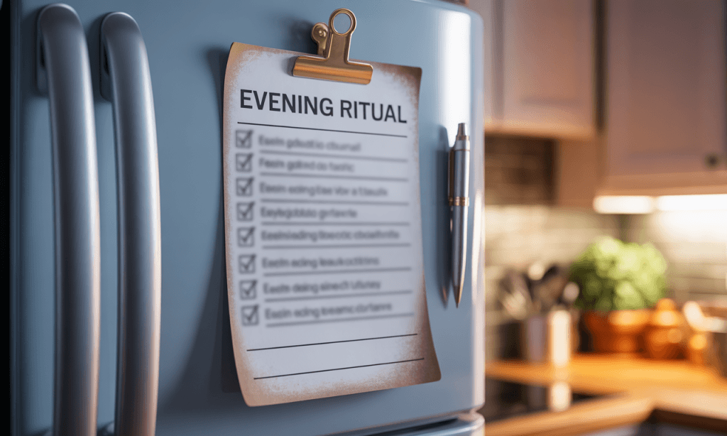 Fridge checklist tracking a couple’s Pre-Deciding Your Evenings ritual, reminding them that small, consistent steps toward connection are a real win.