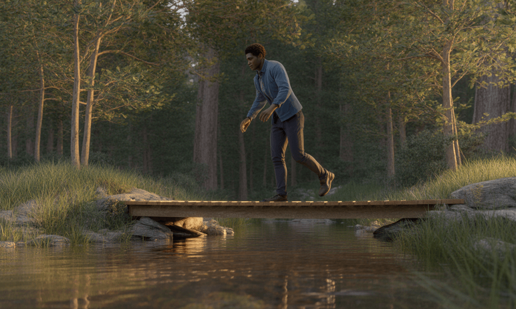 Spouse taking a vulnerable first step to Go First, symbolized by stepping onto a bridge that represents risk and connection.