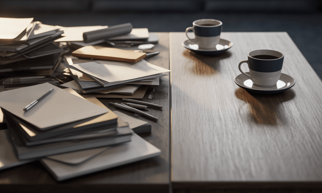 Before and after view of a cluttered table becoming clear to symbolize subtraction heals faster in marriage