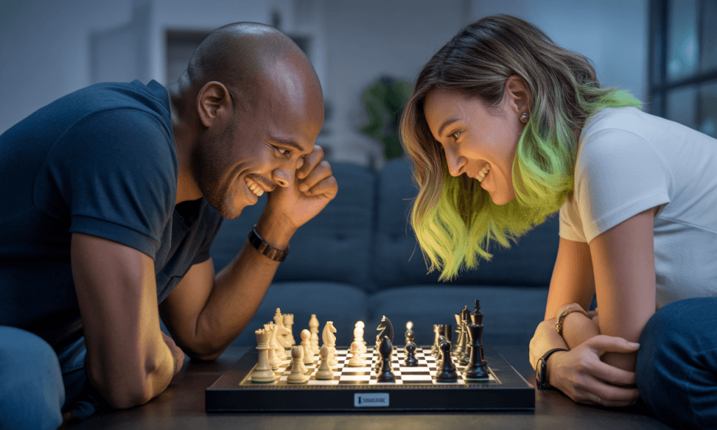 Couple laughing while playing a board game on the couch, turning weeknights into small rhythms that strengthen their marriage