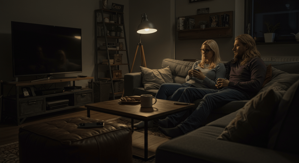 Married couple choosing conversation over screens in a calm living room.