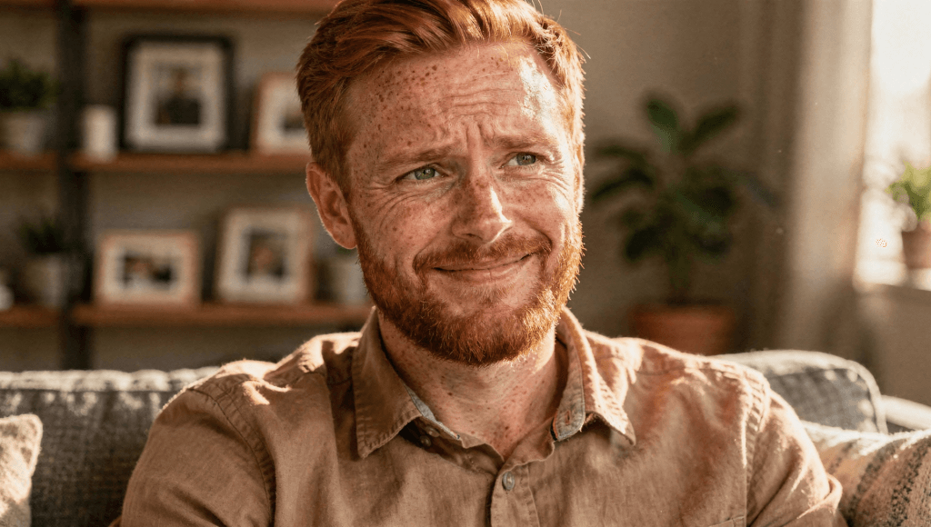 Person smiling after a compliment with a thoughtful expression, showing mixed feelings when compliments get complicated