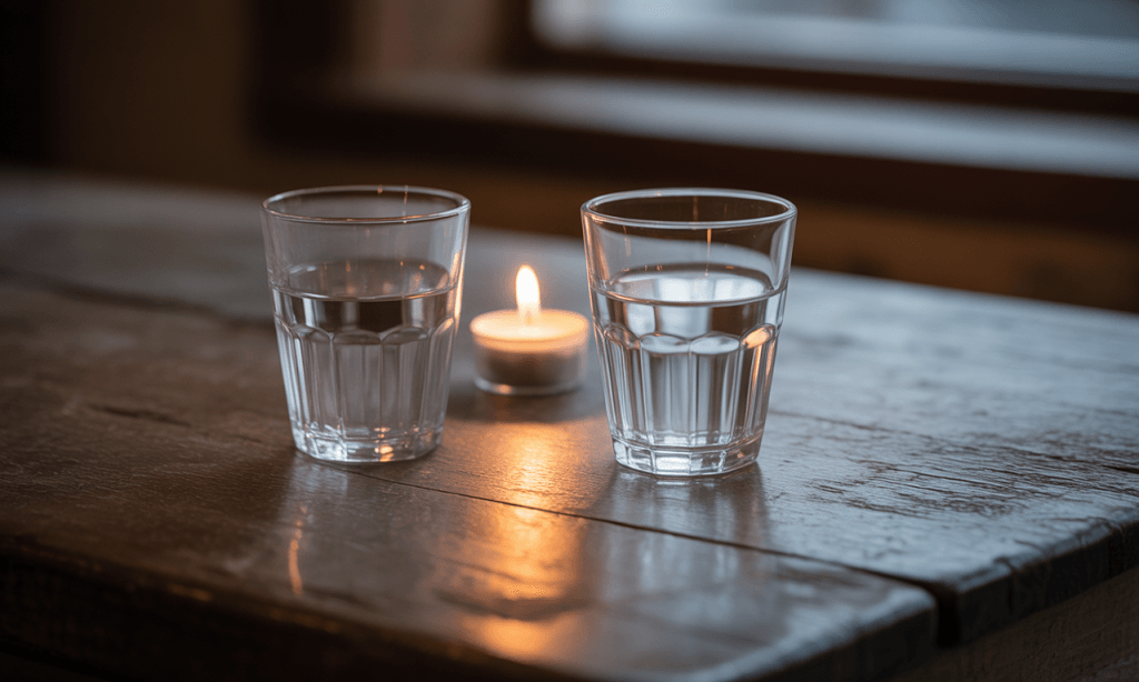 Shared evening drink set up on a kitchen table, symbolizing a simple Pre-Deciding Your Evenings ritual that invites couples to pause and connect.