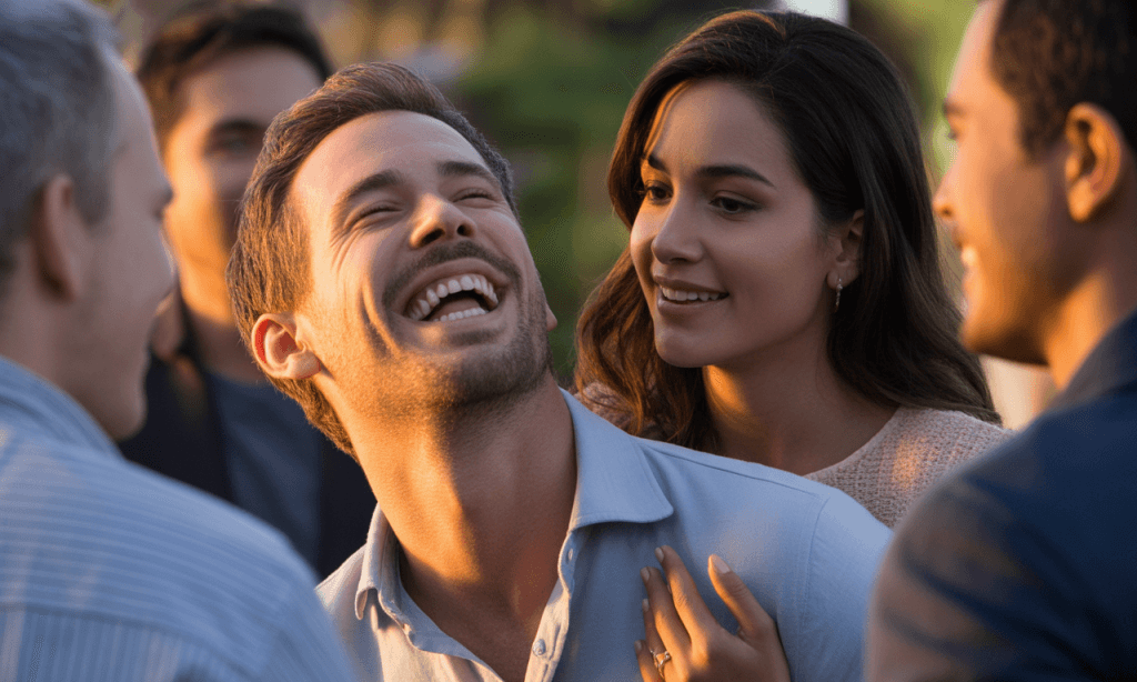 Spouse looking uncomfortable as their partner corrects them in front of friends, showing how the who’s right battle can hurt connection