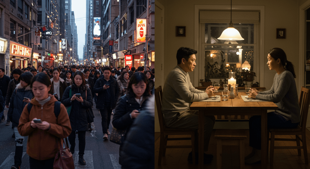 Split image of rushed couple on phones next to a calm couple talking, illustrating the shift from default to design in marriage