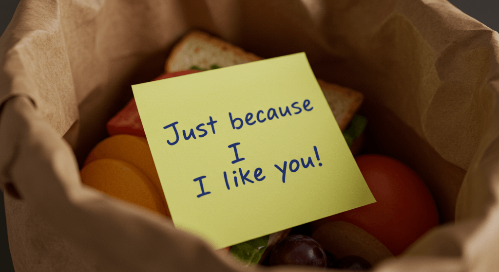Lunchbox with a sticky note saying ‘Just because I like you,’ showing a Friendship First gesture in marriage