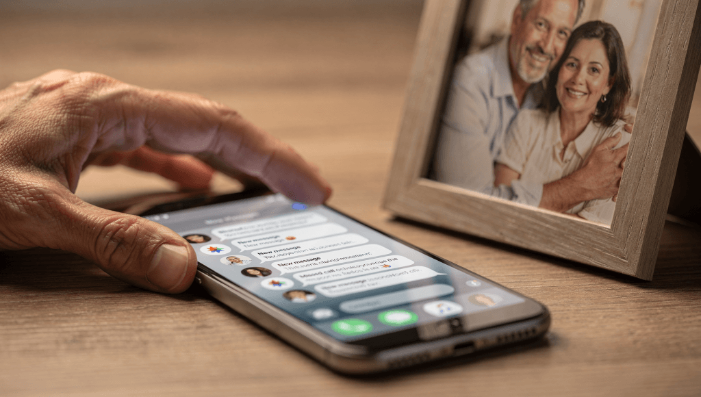 Phone full of unread messages next to a family photo, as someone turns the phone face down to prioritize marriage boundaries