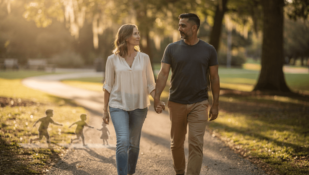Married couple walking hand in hand with childlike shadows behind them, illustrating Same Story, New Meaning as they move toward a new future together