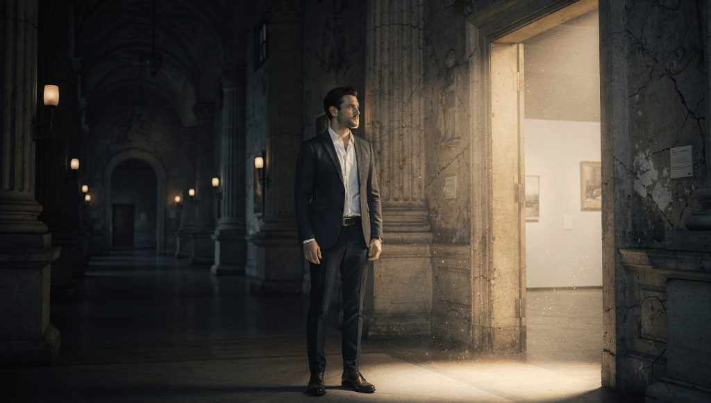 Person standing between a dark museum hallway and a bright open doorway, symbolizing the choice between living in the past or learning from it