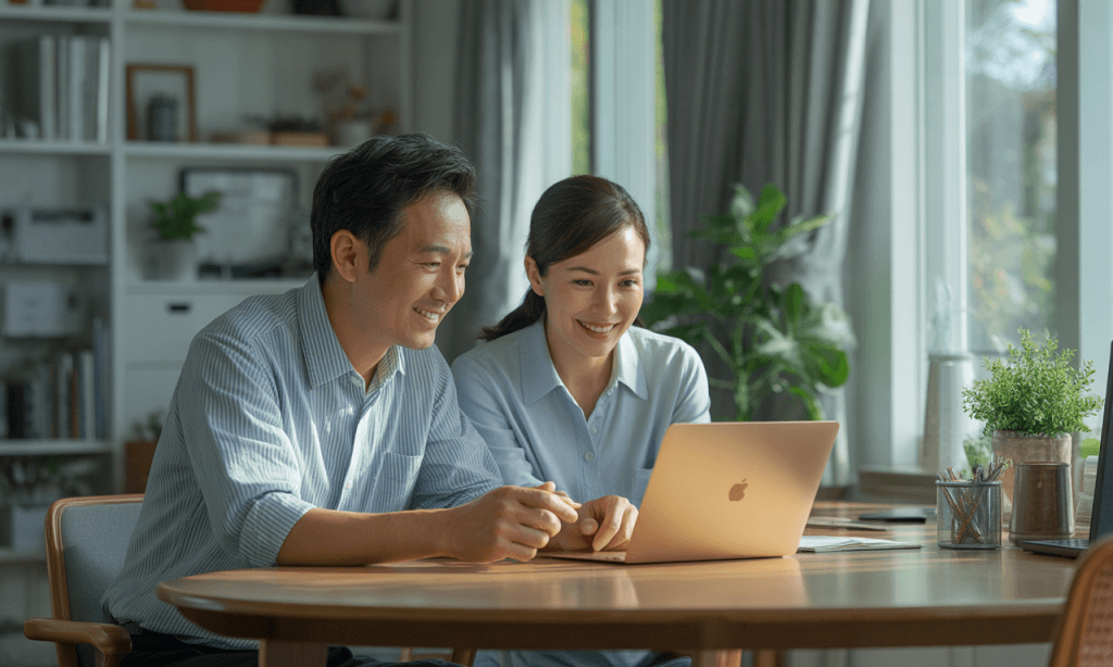 Husband and wife sitting side by side looking at the same screen, illustrating the shift to being smart together instead of fighting over who’s right