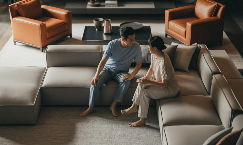 Peaceful living room where a couple is talking calmly, reflecting a healthier marriage atmosphere