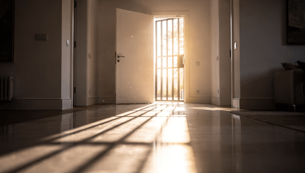 Person walking through an open door into light, leaving behind the shadow of bars representing being freed from backstory excuses in marriage