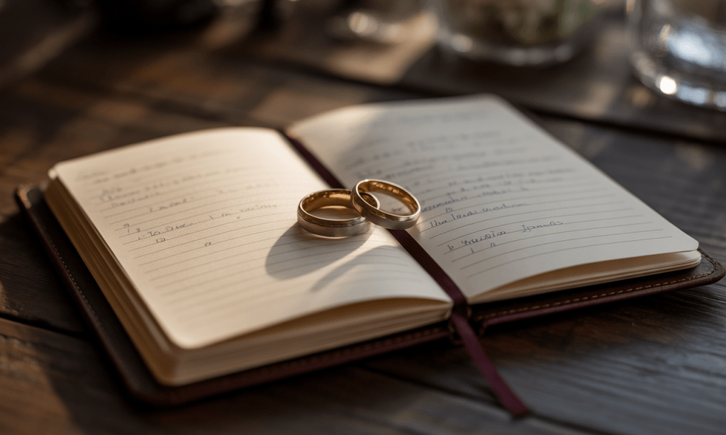 Wedding rings on an open notebook, symbolizing connection by design and intentional planning in marriage