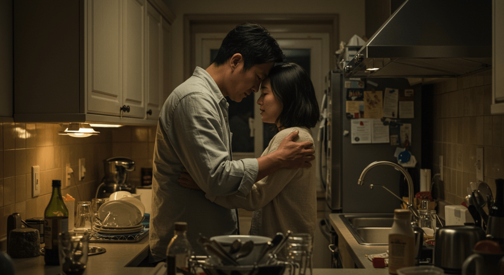 Couple hugging in a messy kitchen, representing Friendship First helping them repair connection even when life isn’t tidy