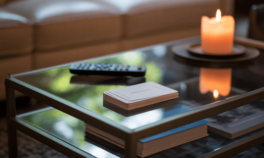 Simple visual triggers like conversation cards on a coffee table helping a couple move off autopilot and into connection.