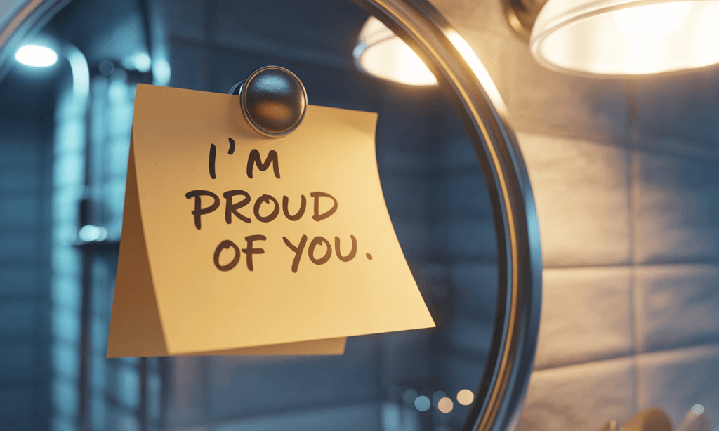 Handwritten note on a bathroom mirror reading “I’m proud of you,” showing a small daily deposit that replaces default little digs