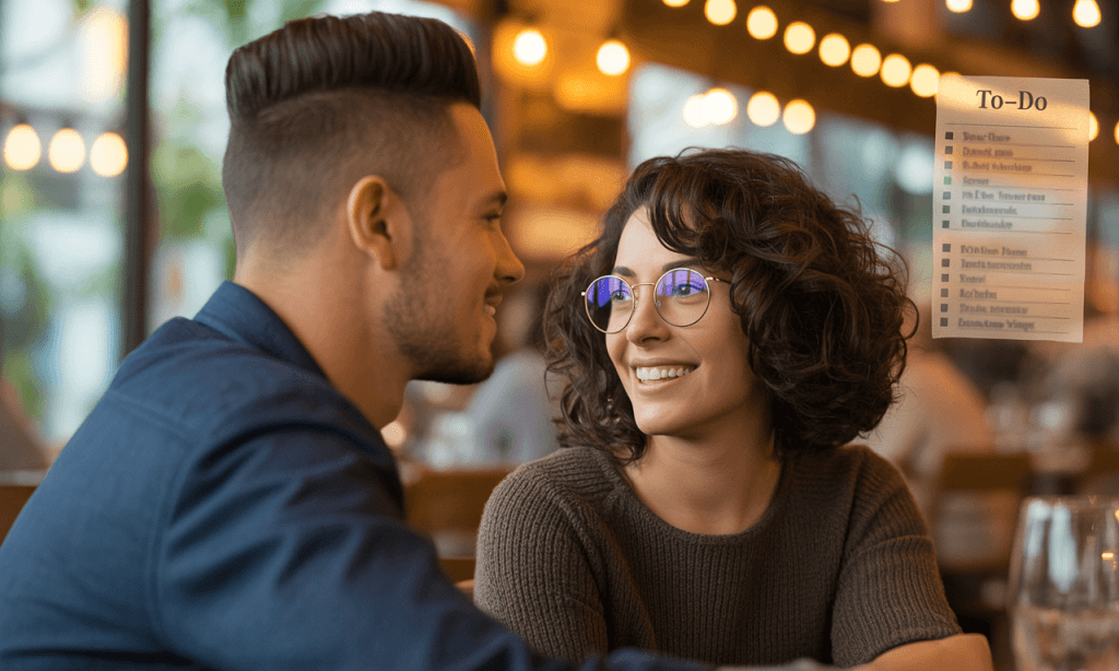 Romantic date night scene with hidden logistical to-do list behind it, representing the unseen logistics of love date night.
