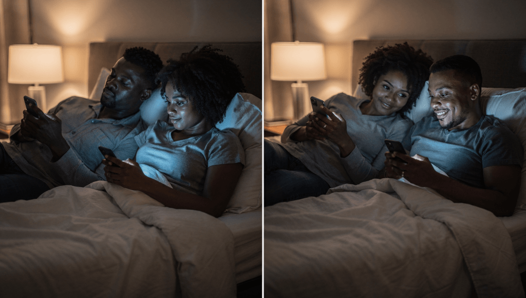 Spouse putting down their phone and turning toward their partner, capturing the shift from scroll to soul talk in a simple evening moment.