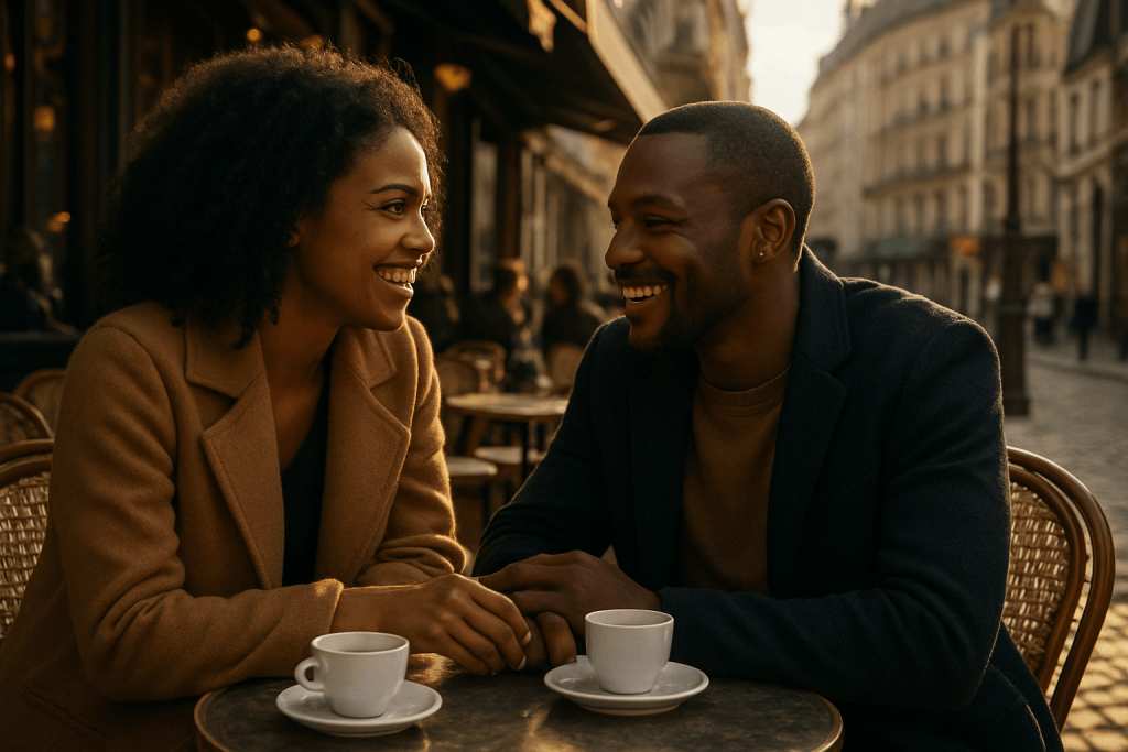 Married couple laughing together at a café, showing Friendship First in everyday connection