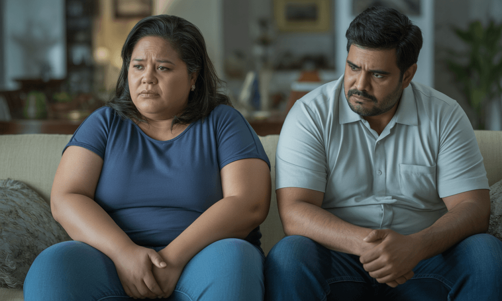 Married couple looking tense on the couch, showing the emotional cost behind highlight-reel romance