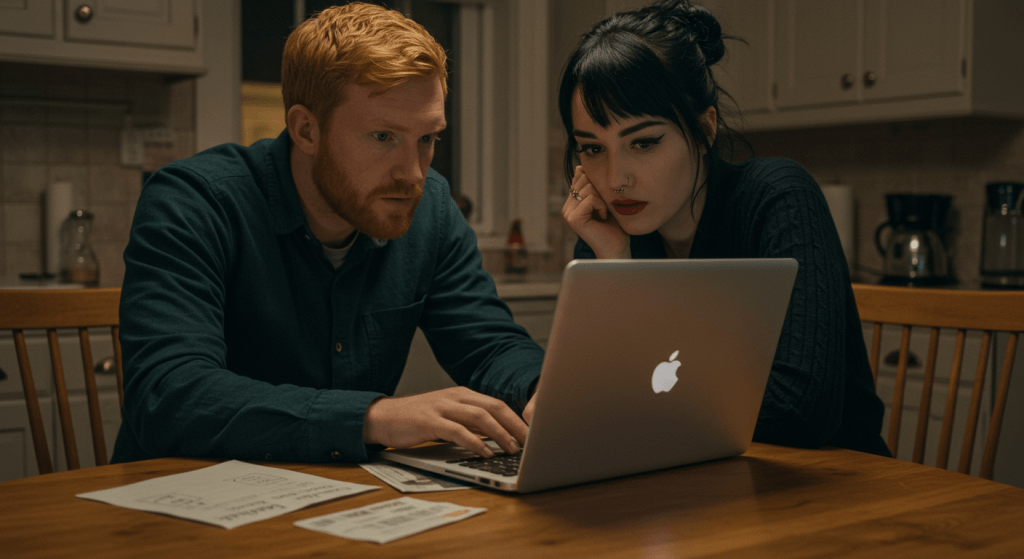 Married couple discussing money, coupons, and risk while planning a new adventure together.