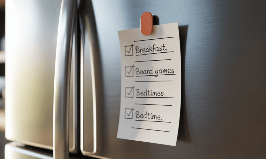 Checklist with breakfast, board games, and bedtime marked off, showing a couple completing a 7-day small rhythms challenge