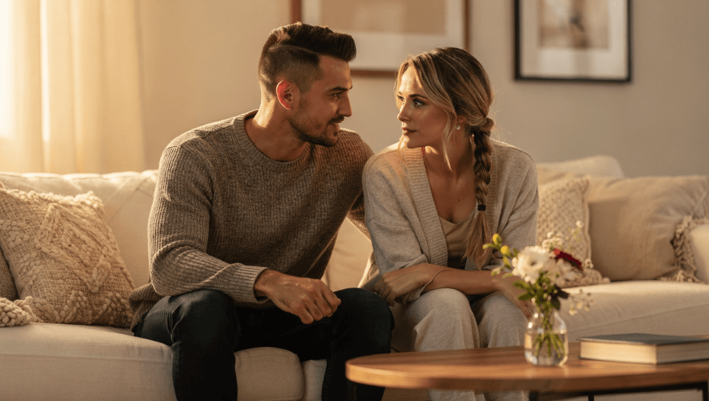 Couple sharing a five-minute check-in ritual on the couch as part of Pre-Deciding Your Evenings to trigger closeness on busy days.