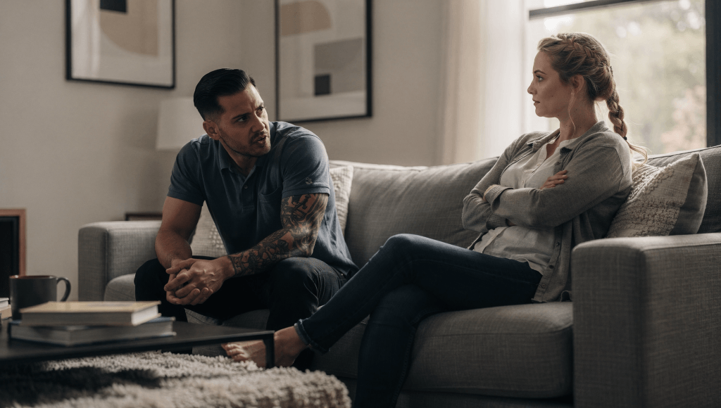 Spouse lecturing while the other withdraws, capturing the tension that From Nagging to Nudging is meant to soften.