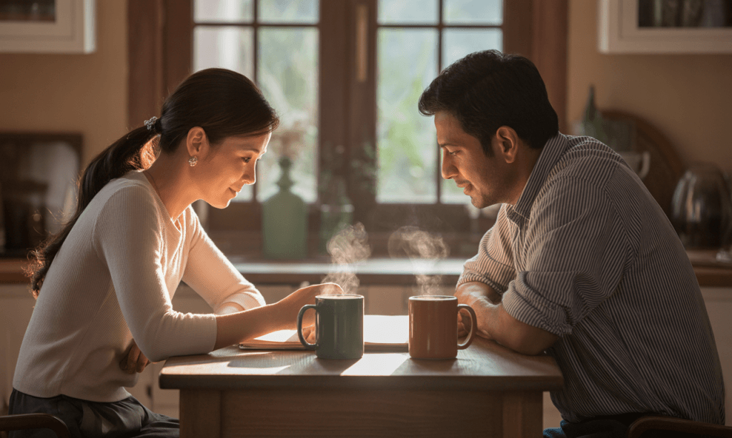 Couple doing a marriage habit audit together at the kitchen table to improve connection.