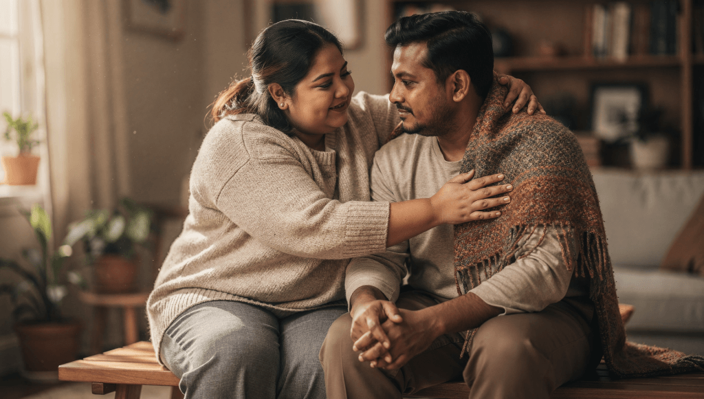Spouse gently placing a blanket around their partner, showing one person’s kind micro-choice in marriage