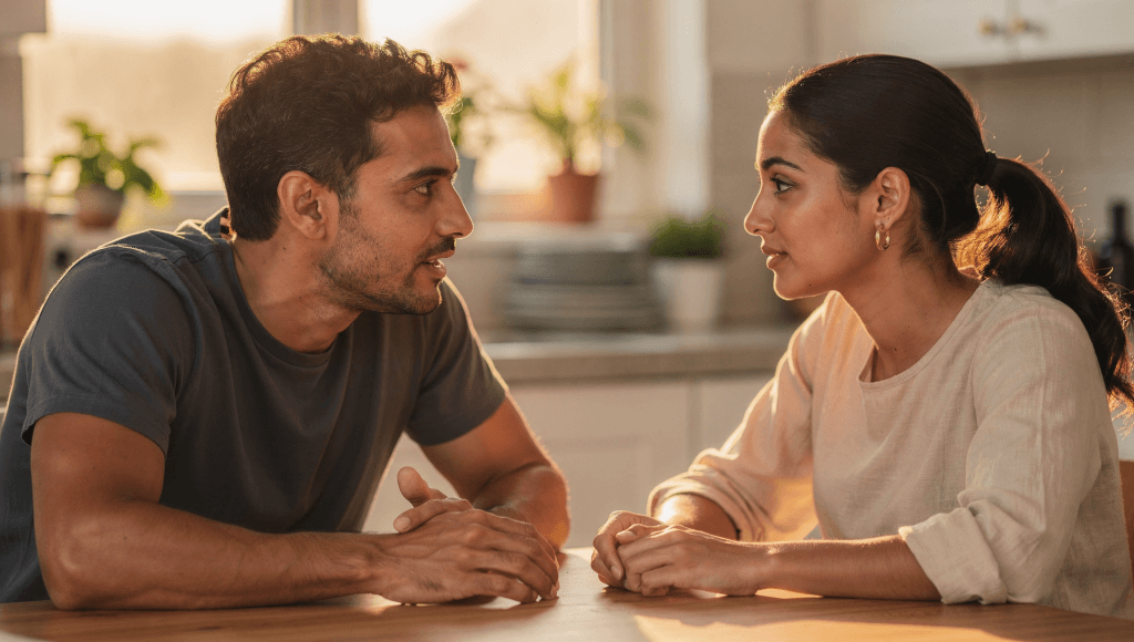 Spouses engaging in a curious, open conversation, modeling how curiosity replaces assumptions From Nagging to Nudging.